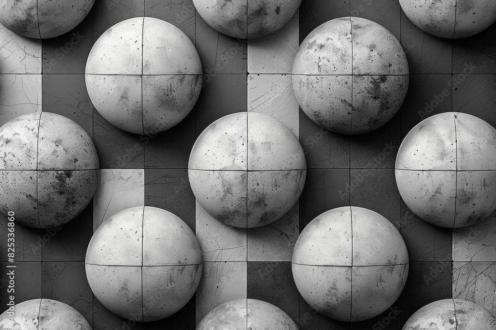 Poster isometric spherical forms in a repeating diamond pattern with shades of gray and white,