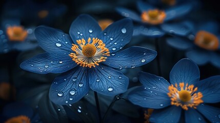   A zoomed-in image of a blue blossom adorned with droplets of water and a bright yellow anther in its center