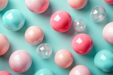 Minimalist isometric background with pastel pink and mint green spheres,