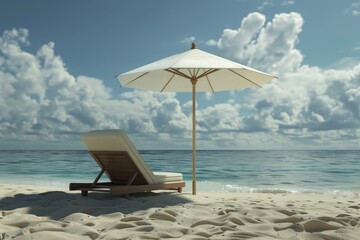 Closeup of a beach chair under an umbrella, calm scene, photorealistic, Composite, tranquil beach backdrop