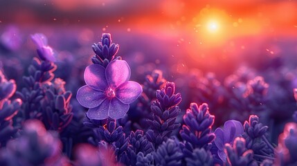  A field of purple flowers bathed in the warm glow of a setting sun - Powered by Adobe