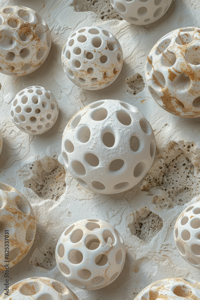 Poster isometric pattern featuring spherical forms in various sizes with a sandy texture,