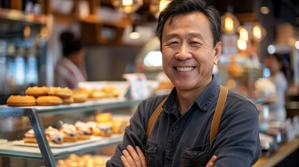 Smiling mature asian man posing at a doughnut shop looking at the camera. 