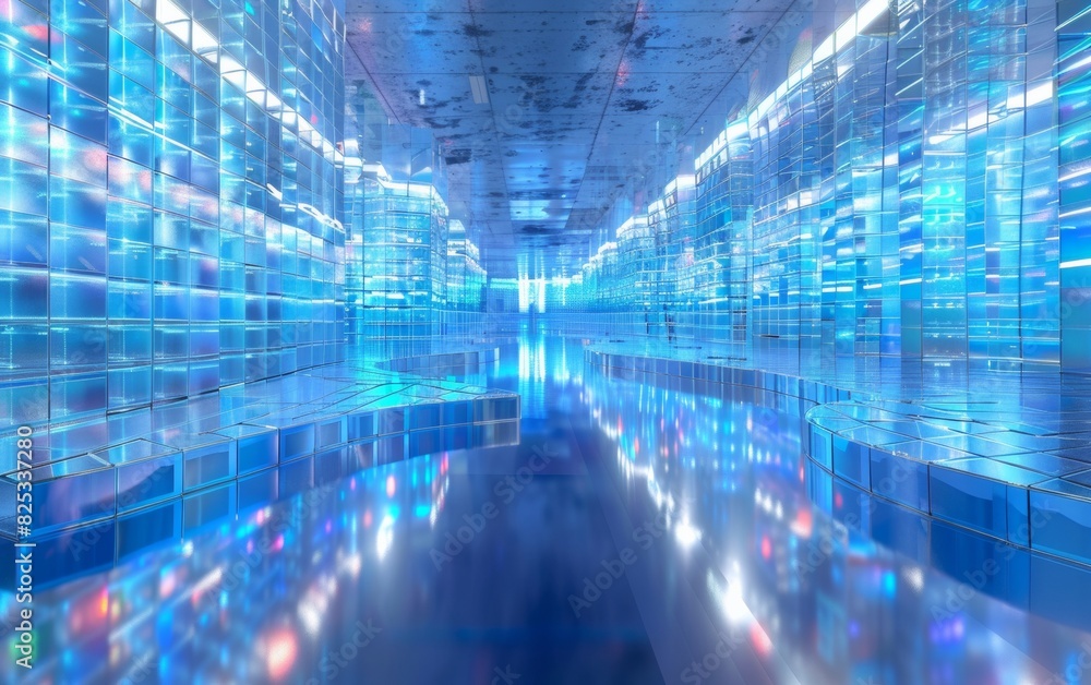 Poster advanced data center environment with illuminated servers operating under florescent lights, showcas