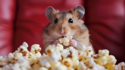 Hamster in cinema enjoying popcorn.