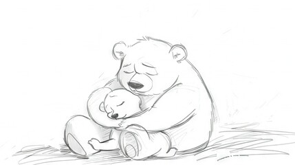   A black-and-white illustration portrays a bear embracing a smaller bear, resting its head on its chest as they sit on the ground