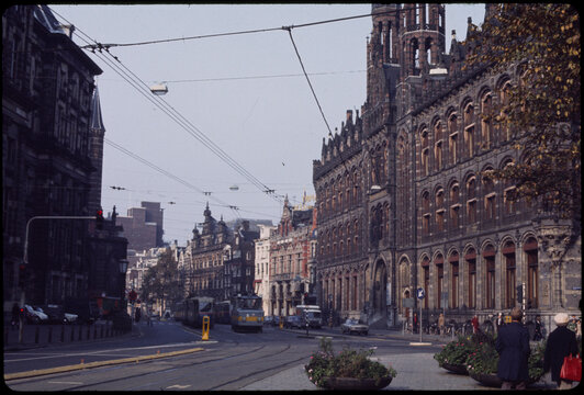 Old 70's film photo. Cityscape of a street in Amsterdam