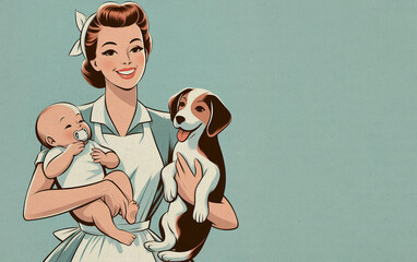Paper textured vintage style illustration of cheerful mother with apron holding dog and baby and standing isolated on blue background. Happy housewife of the 1950s concept. Copy space for text.
