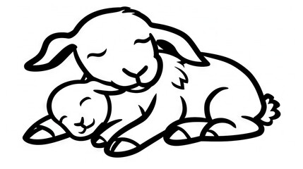   A black-and-white illustration featuring a mother sheep carrying her newborn lamb on its back against a blank background