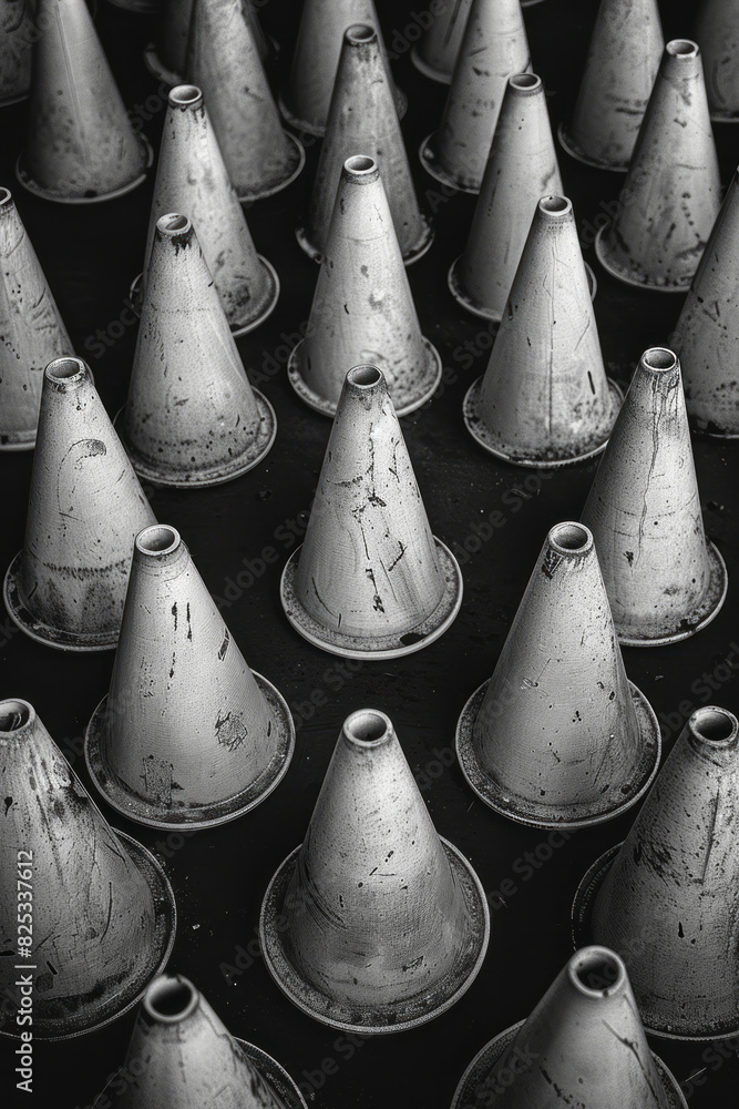 Poster an arrangement of isometric cones pointing in the same direction, creating a sense of movement,