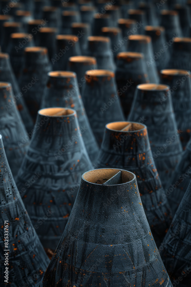 Poster alternating rows of upright and inverted isometric cones, forming a rhythmic pattern,