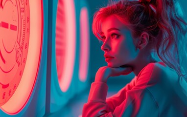 Focused Female Cybersecurity Expert Analyzing Holographic Interfaces in a Modern Office Environment