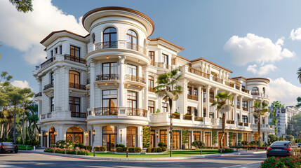 Obraz premium Contemporary Suburban Luxury: Elegant Residential Architecture in a Wealthy Urban Area with Curved Design Elements and Large Windows Wallpaper Digital Art Poster Brainstorming Map Magazine Background 