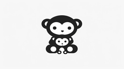   Monochrome photograph of a primate carrying a young simian offspring, set against a pristine white backdrop