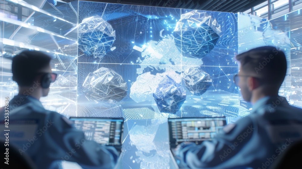 Aufkleber Cybersecurity Team in Command Center Monitoring Global Networks and Protecting Industrial Data at Night, Featuring Dynamic Displays and Social Media Updates