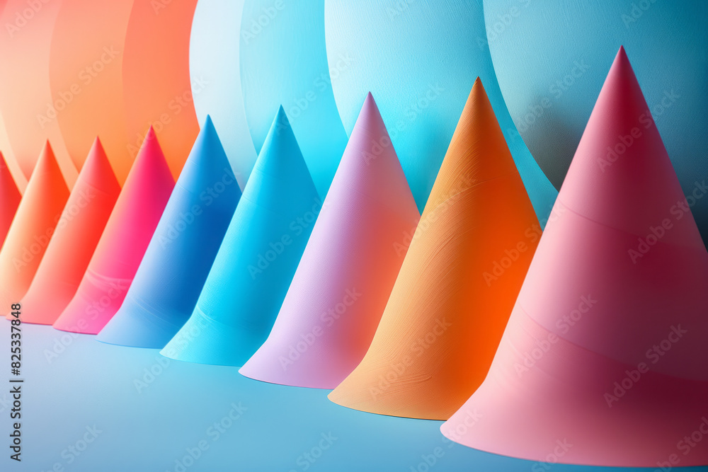 Poster overlapping isometric cones in pastel colors, blending softly into each other,