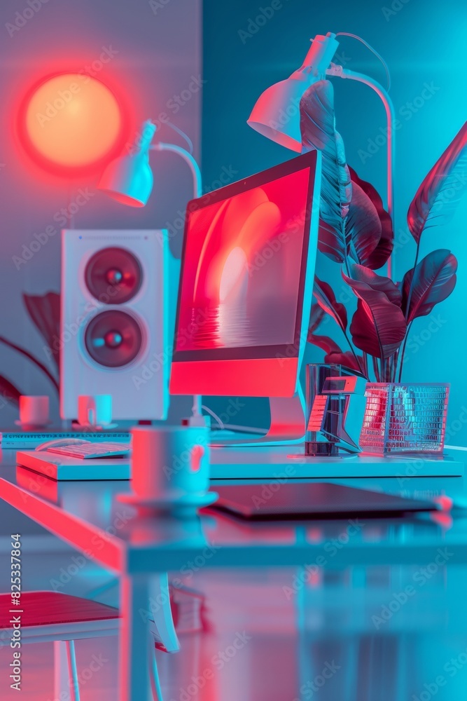 Poster Sophisticated Computer Setup with Multiple Monitors Displaying AI-Driven Graphics in a Modern Office at Night