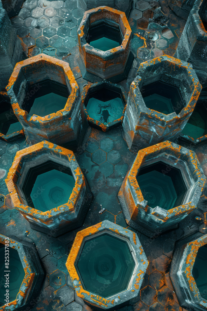 Poster a geometric pattern of isometric cones in a hexagonal grid layout,