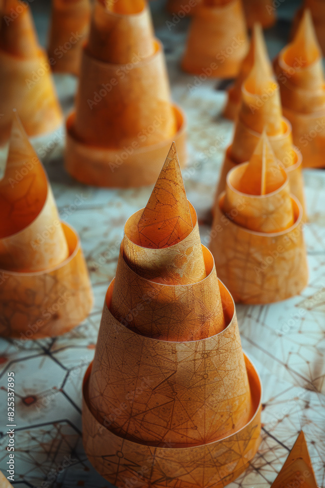 Fototapete a geometric pattern of isometric cones in a hexagonal grid layout,