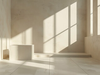 Fototapeta premium Empty room with large windows and white pedestal