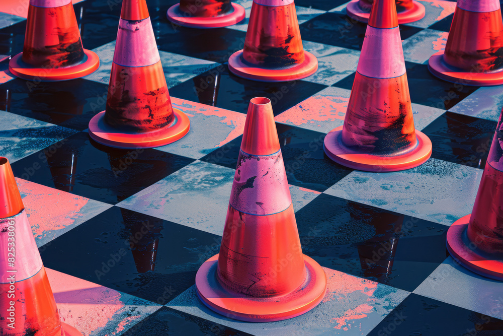 Poster a seamless background of isometric cones with a checkerboard base color pattern,