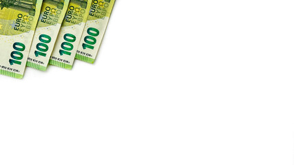 Four 100€ bills. Euro: 400 euro. Europian money. EU money. Isolated on white horizontal background. 