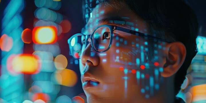 Portrait of asian Stock Market Trader Doing Analysis of Investment Charts, Graphs, Ticker Numbers Projected on His Face. African American Financial Analyst, Digital Entrepreneur Successfully Trading.