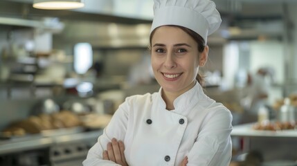 Smiling attractive female chef posing at his place of work. 