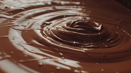   A close-up of a chocolate swirl in the center of a melted chocolate bowl, with a spoon in the center