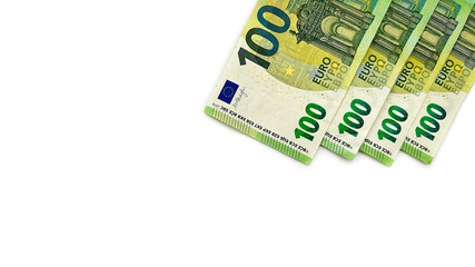 Four 100€ bills. Euro: 400 euro. Europian money. EU money. Isolated on white horizontal...