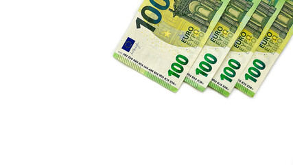Four 100€ bills. Euro: 400 euro. Europian money. EU money. Isolated on white horizontal background. 