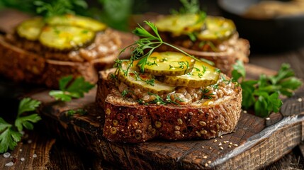 openfaced hamburger on rye bread with pickles and mustard wide format food photography