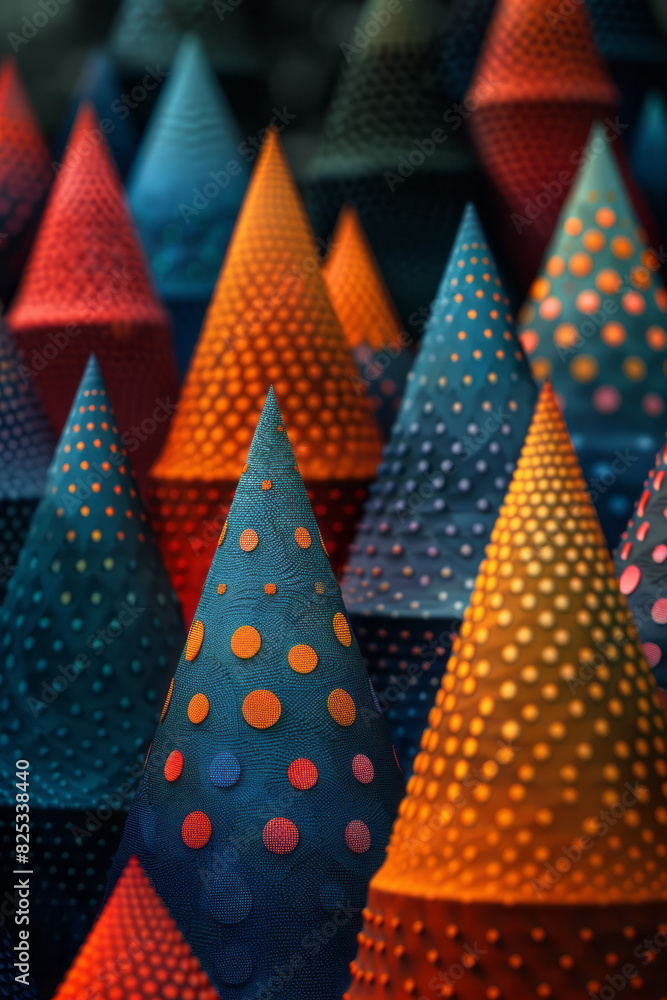 Poster isometric cones with a pixelated texture, blending digital and geometric aesthetics,