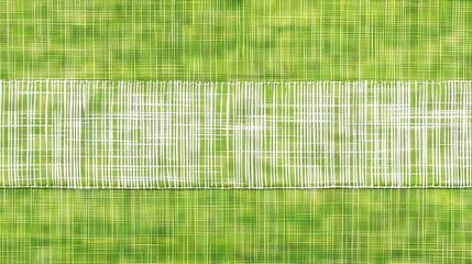   A close-up of a grass field with a fence in the foreground and a green backdrop