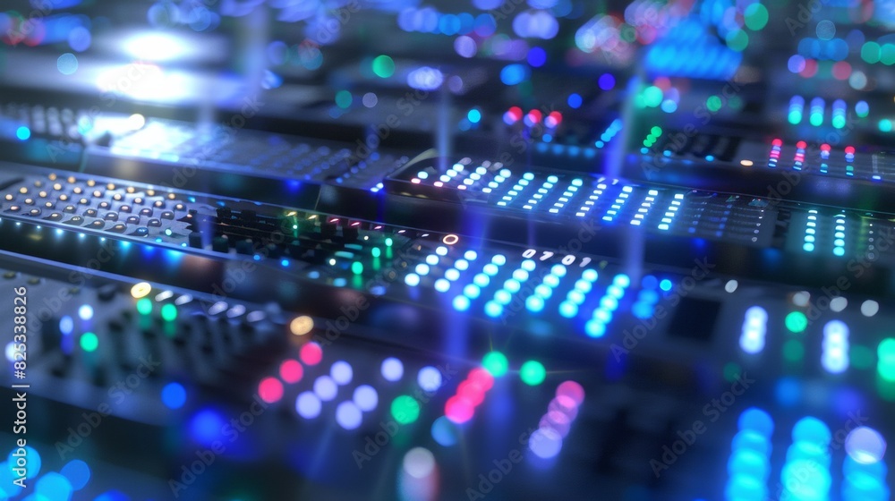 Poster Detailed View of a Modern Data Center with Bright Blue and Green Indicator Lights Highlighting Advanced Technology Infrastructure