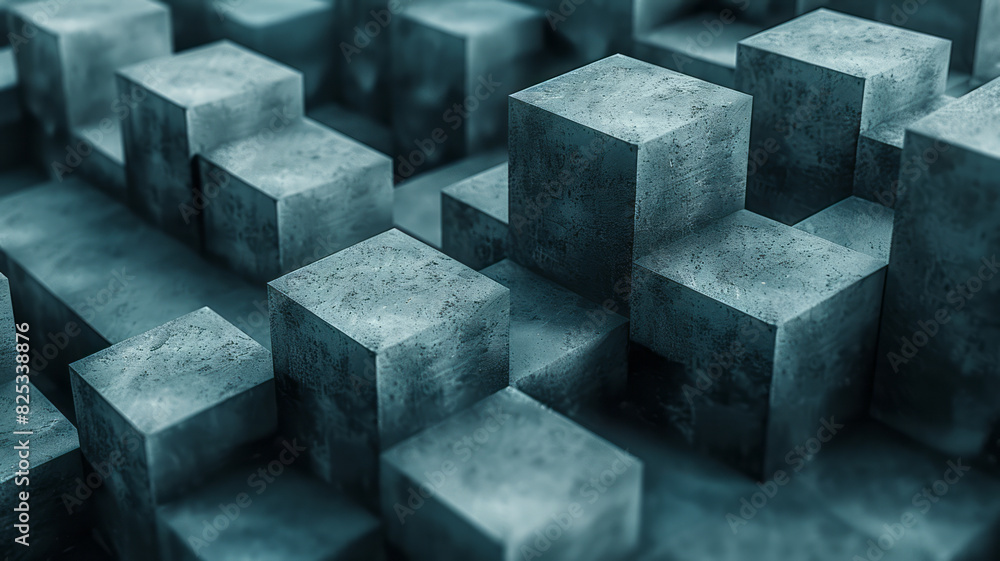 Poster minimalist isometric trapezoidal prisms in alternating orientations, forming a rhythmic pattern,