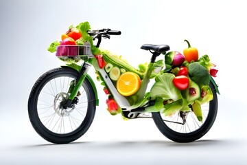 bike with juice and fruits, pastel colors veggie bike, idea of a healthy lifestyle,sliced veggies...