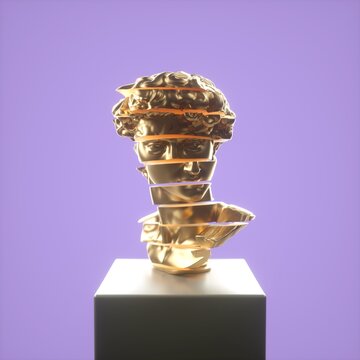 3D Sliced Roman Golden Sculpture Bust , Vaporwave Retrowave Style.