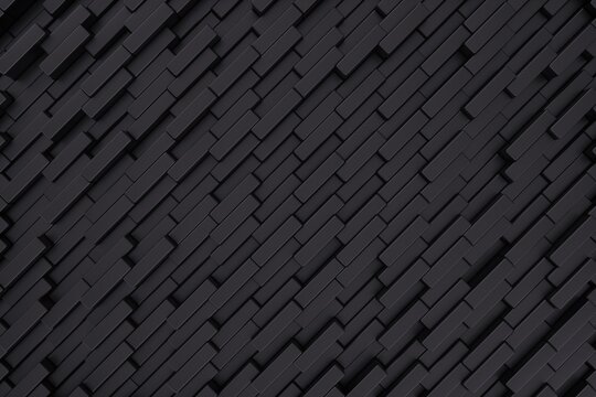 Abstract Black Bricks Wall 3D Render. Dark Shiny Blocks Pattern.