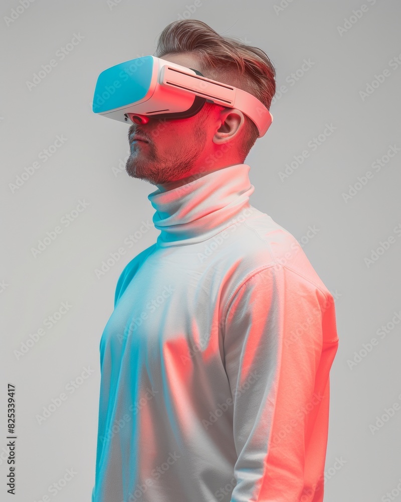 Aufkleber young white man experiencing virtual reality in a minimalistic white setting, emphasizing future tec