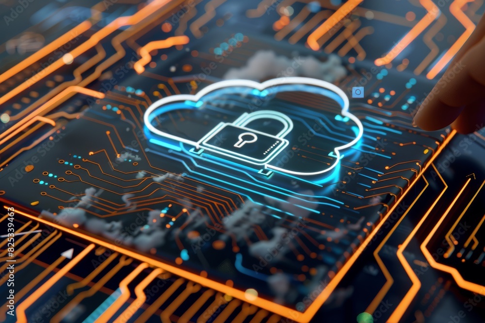 Poster modern cloud security with data protection and device integration, highlighted by vibrant blue and o