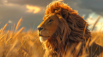 Male lion with flowing mane in the savanna
