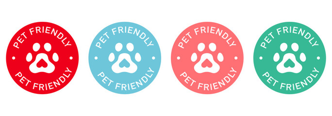 Pet friendly label vector design for packaging. Paw icon. Illustration, logo, symbol, sign, stamp, tag, emblem, mark or seal for package. Cosmetic product color sticker.