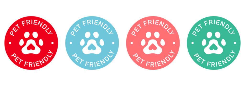 Pet friendly label vector design for packaging. Paw icon. Illustration, logo, symbol, sign, stamp, tag, emblem, mark or seal for package. Cosmetic product color sticker.