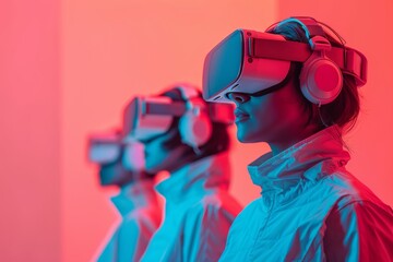 Diverse Group of Young Adults Experiencing Virtual Reality in a Colorful Setting During the Day, Expressing Joy and Curiosity
