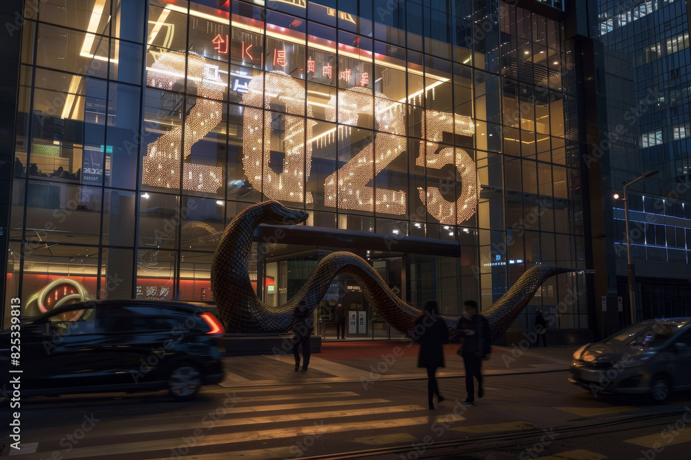 Poster a large building with a snake sculpture on the front and the number 2025 on it