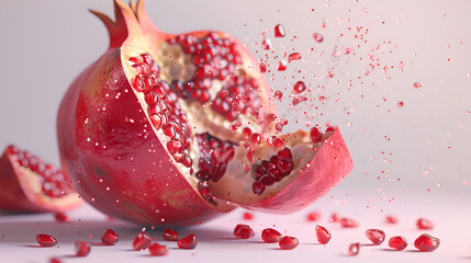 Split pomegranate featuring sparkling red seeds