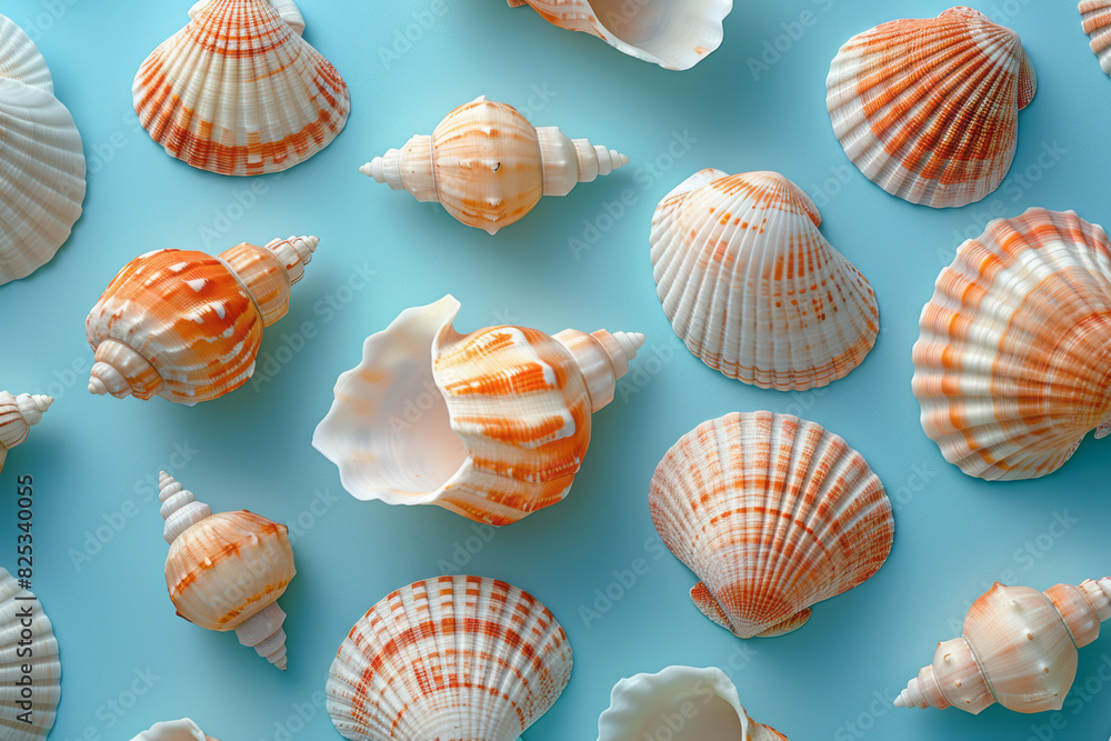 Poster minimalist isometric seashells, scattered randomly across the background,