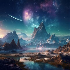 Beautiful scenery in a fantasy world with a galaxy sky view. Beautiful scenery background.