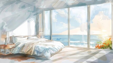 serene bedroom bathed in natural light with blank canvas and soothing ocean view watercolor illustration